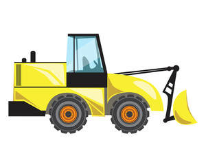 A tractor or excavator with a bucket isolated on a white background for design, flat vector stock illustration with a heavy machine as a excavation concept in a quarry or construction site