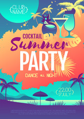 Fototapeta na wymiar Colorful summer cocktail disco party poster with fluorescent tropic leaves and flamingo. Summertime beach background