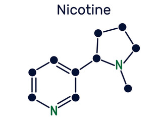 Nicotine molecule, is alkaloid , found in the nightshade family of plants. Structural chemical formula.