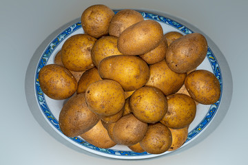 Diverse ungeschälte Kartoffeln auf einem Teller vor grauem Hintergrund