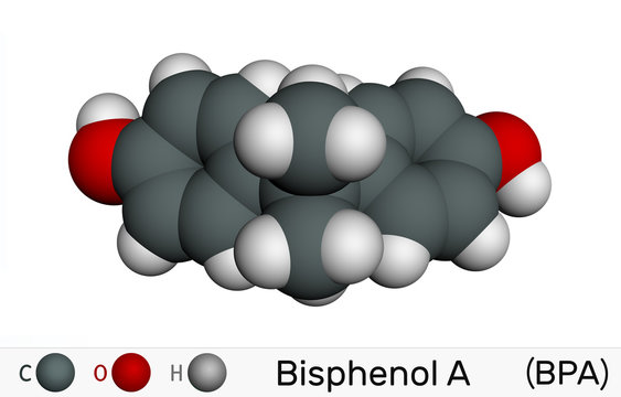 Bisphenol A, BPA, C15H16O2 molecule. It is precursor to polycarbonate plastics and epoxy resins. Molecular model