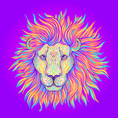 Naklejka na ściany i meble Patterned ornate lion head. African, Indian, totem, tattoo, sticker design. Design of t-shirt, bag, postcard and posters. Vector isolated illustration in bright neon colors. Zodiac sign Leo.