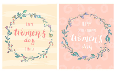 Set of greeting cards Happy International Women's Day. Backgrounds with flowers
