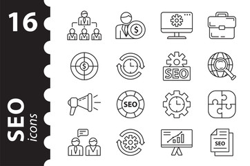 SEO linear icons set in the vector. Concept of optimization and marketing. Illustration in a modern flat style.
