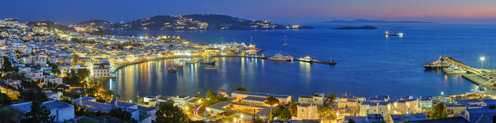 Mykonos island port with boats, Cyclades islands, Greece - Powered by Adobe