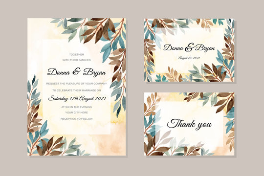 wedding invitation card template with watercolor leaves