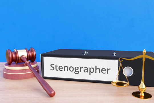 Stenographer – File Folder with labeling, gavel and libra – law, judgement, lawyer