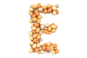 Letter E from chicken eggs, 3D rendering