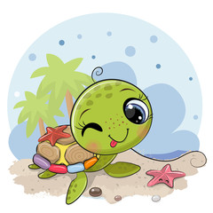 Obraz premium Cartoon water turtle on the beach