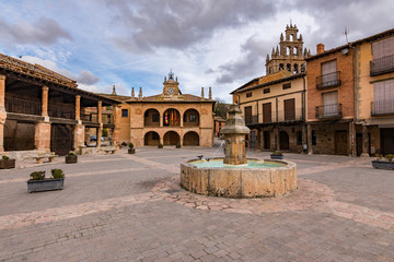 Main square of the town of Ayllon in the province of Segovia. Church of Santa Maria and the Town...