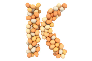 Letter K from chicken eggs, 3D rendering