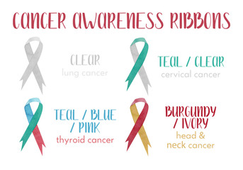 Watercolor awareness ribbons. Different color set of all cancer ribbon, isolated on white background. Perfect for medical  brochure, flyer, card