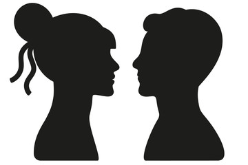 Romantic couple. Head silhouette. Love, romance, wedding, relationship concept. Vector illustration.