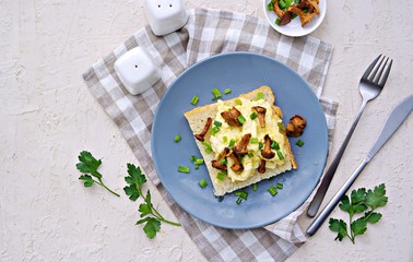 Tender scramble omelet on crispy white bread toast with fried chanterelles on a gray plate on a light concrete background. Top view.