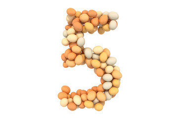 Number 5 from chicken eggs, 3D rendering
