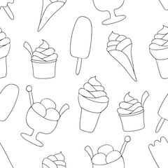 Ice-cream seamless pattern. Black Line on white background. Summer food. Vector illustration. Sweet Frozen Desserts. Design for wrapping paper, fabric print, wallpaper.
