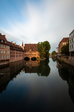 View of Heilig Geist Spital hospital over Pegnitz river in Nuremberg, Germany