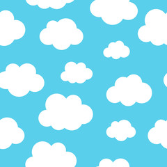 White fluffy cartoon clouds seamless pattern on light blue sky background. Vector EPS 10 illustration for kids fabric or backdrop.