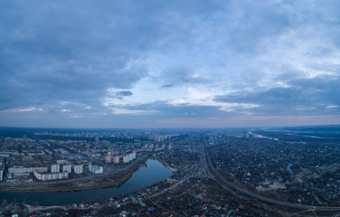 Aerial view of the left bank of the Dnieper river near lake Radunka, Kiev, Ukraine
