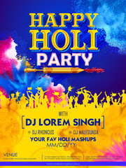 illustration of DJ party banner for Happy Holi background card design for color festival of India celebration greetings
