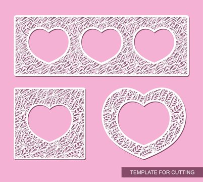 Set of lace frames for valentines day or wedding photos. Heart shape with floral ornaments and leaves. Template for laser cutting, metal engraving, wood carving, paper cut or printing. Vector image.