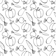 Contour doodle vegetable seamless pattern cute textural digital art on a white background. Print for cards, packaging, restaurants, banners, posters, fabrics, wrapping paper, covers.