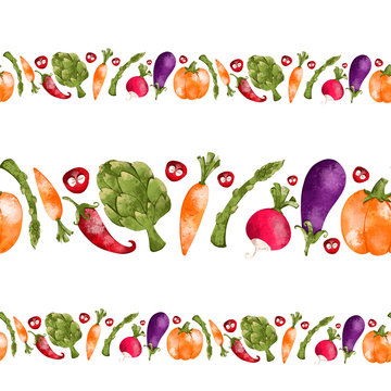 Bright radish, eggplant, pumpkin, carrot seamless pattern cute textural digital art on a white background. Print for cards, packaging, restaurants, banners, posters, fabrics, wrapping paper, covers.