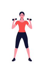 Young beautiful girl holds dumbbells over her shoulders. Sport. Flat vector illustration.