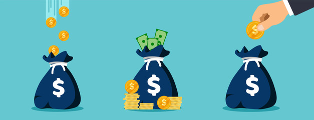 Money bags with coins and dollar cash. Hand put coin into the moneybag. Vector illustration.