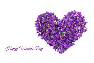 Womens day card. Heart shape flowers. Violets love symbol isolated on white background