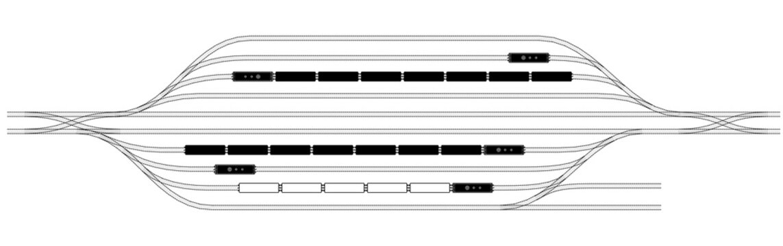 A railway station with many paths and arrow transfers. Trains from locomotives and carriages. Logistics or supply, transportation of goods by land.