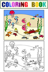 The underwater world, the seabed with its inhabitants. Cartoon vector coloring and color