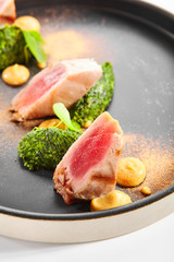Tuna fillet with stewed spinach close up view