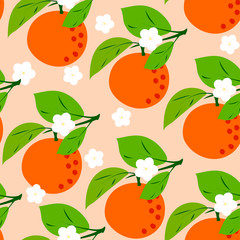 Orange, citrus seamless pattern. Tropical fruit background for menus, baby clothes, textiles, packaging. Ripe oranges, tangerines, peaches on a branch with leaves