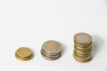 Monete di euro ammucchiate con sfondo bianco