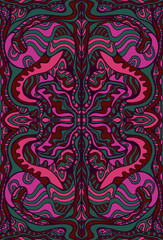 Surreal mystical pattern, burgundy raspberry blue green dark shades. Abstract pattern