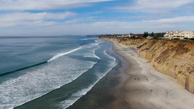 Aerial view of Solana Beach and cliff, California coastal beach with blue Pacific ocean. San Diego County, California, USA