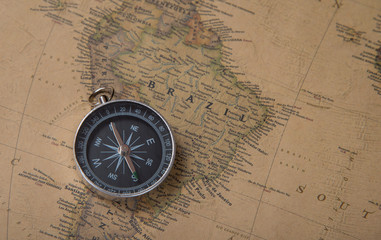 Fototapeta na wymiar Compass on South American map