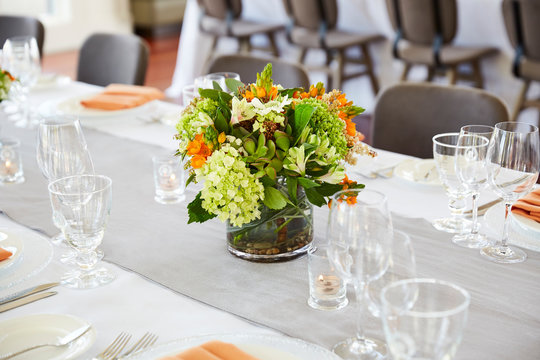Detail of flower arrangement for a wedding reception