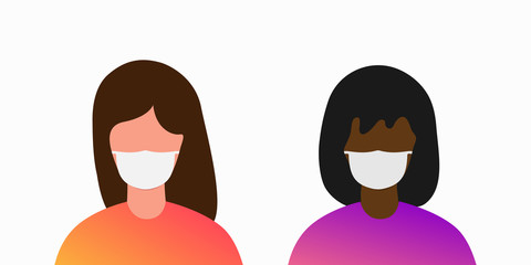 Young women wear masks. Protect against Covid-19 virus and prevent air dust. Vector illustration