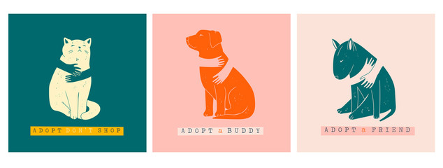Adopt a Friend. Do not buy a pet. Human hands are hugging Dogs and Cat. Animal care, adoption concept. Help the homeless animals find a home. Set of three Hand drawn Vector illustrations - obrazy, fototapety, plakaty