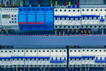 cabling connection of  power electric line in industrial distribution fuseboard, safety shutdown device, electric toggle switch, toned