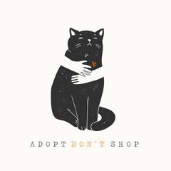 Adopt Do not shop. Do not buy a pet. Human hands are hugging a Cat silhouette. Animal care, adoption concept. Help the homeless animals find a home. Hand drawn Vector illustration