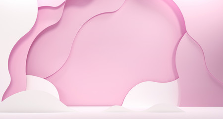 Summer marshmallows, candy gum papercut mockup. Bright poster for kids goods, sport brand. Podium, show stand for advertising. Pink Template with copy space. Paper cut background 3d illustration.