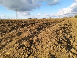 Furrows row pattern in a plowed field prepared for planting crops in spring. Horizontal view in...