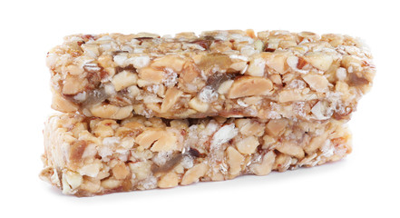Sweet cereal bars isolated on white. Healthy snack