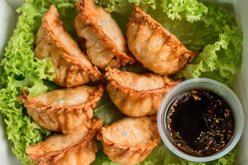 gyoza empanada comida deliciosa asiatica y lechuga  desde arriba