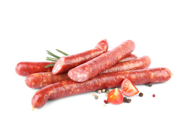 Tasty sausages on white background. Meat product