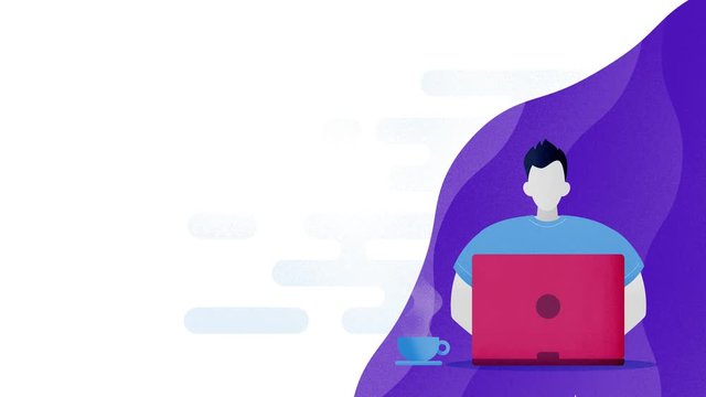 Animated Illustration of Person Sitting Using Laptop With Copy Space. Male and female loop-ready animations. Modern, flat textured, abstract design.
