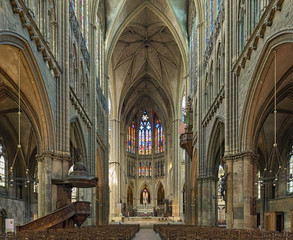 Interior of Cathedral of Saint Stephen of Metz, France. The present Gothic building was built in 1220-1550 and consecrated on April 11, 1552. The cathedral has one of the highest naves in the world.
